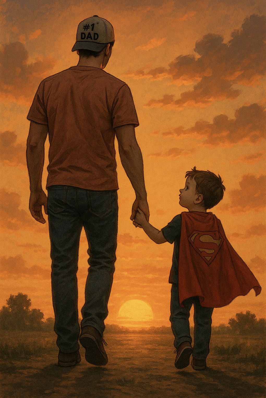 Father and son walking into sunset